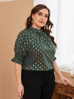 Plus Golden Four-pointed Star Print Shirred Cuff Blouse