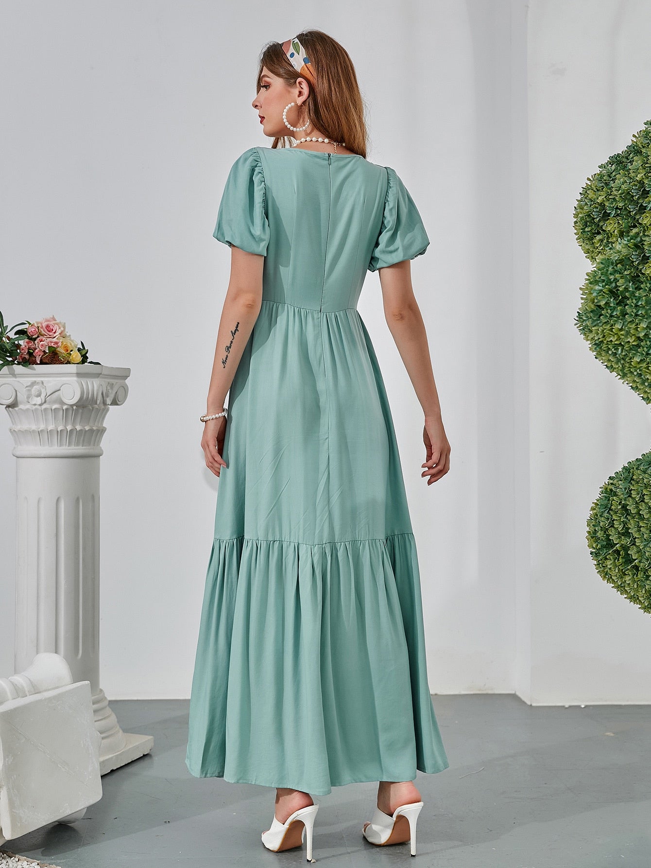 Ruched Surplice Neck Puff Sleeve Ruffle Hem Dress