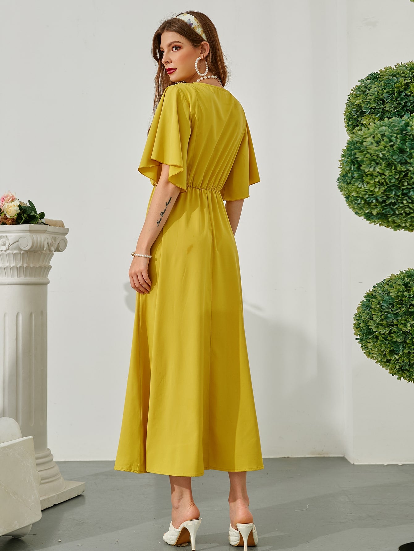 Square Neck Butterfly Sleeve Belted Dress
