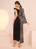 Graphic Print Asymmetrical Neck Belted 2 In 1 Dress