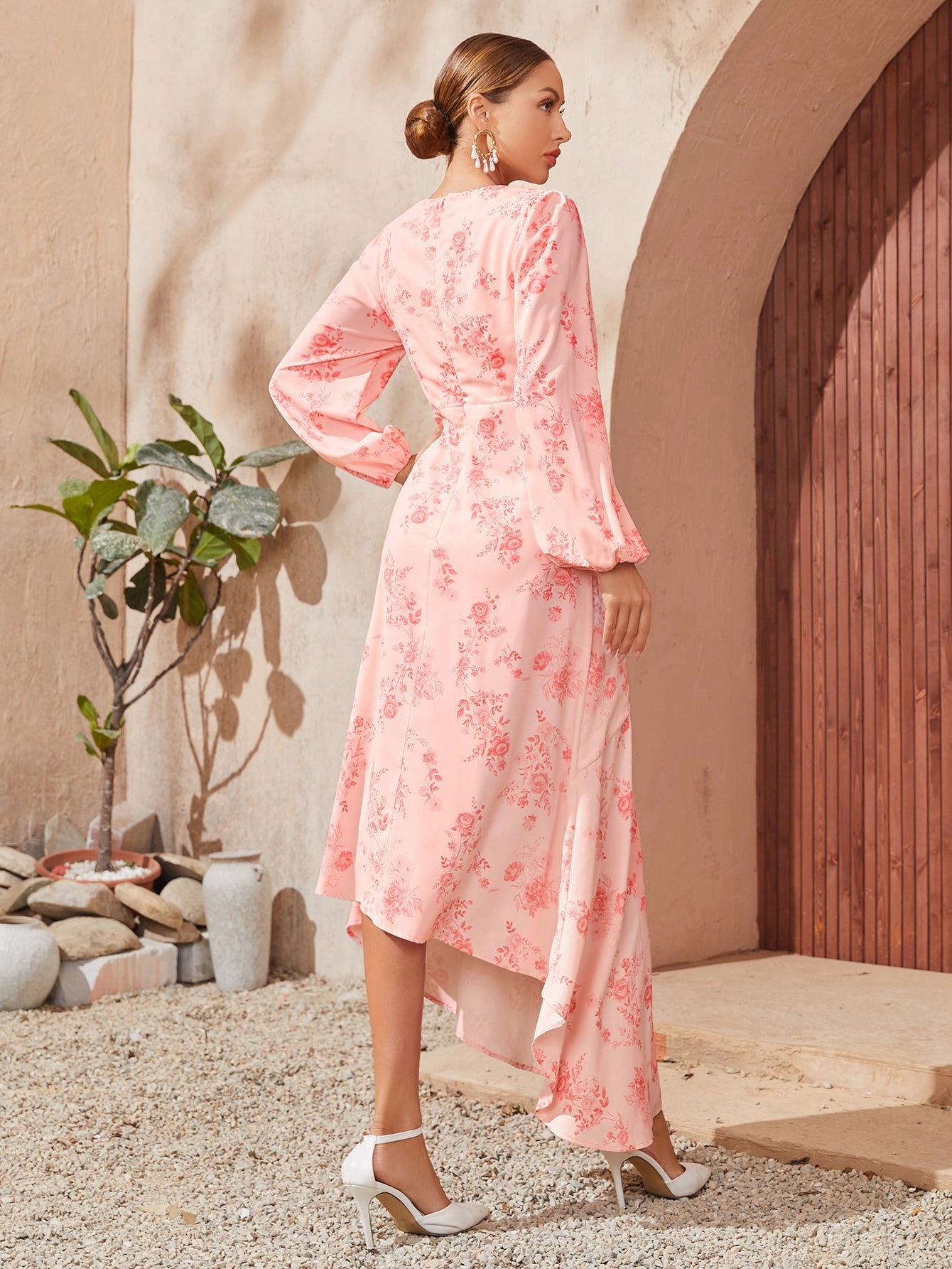 1pc Floral Print Bishop Sleeve Ruched A-line Dress