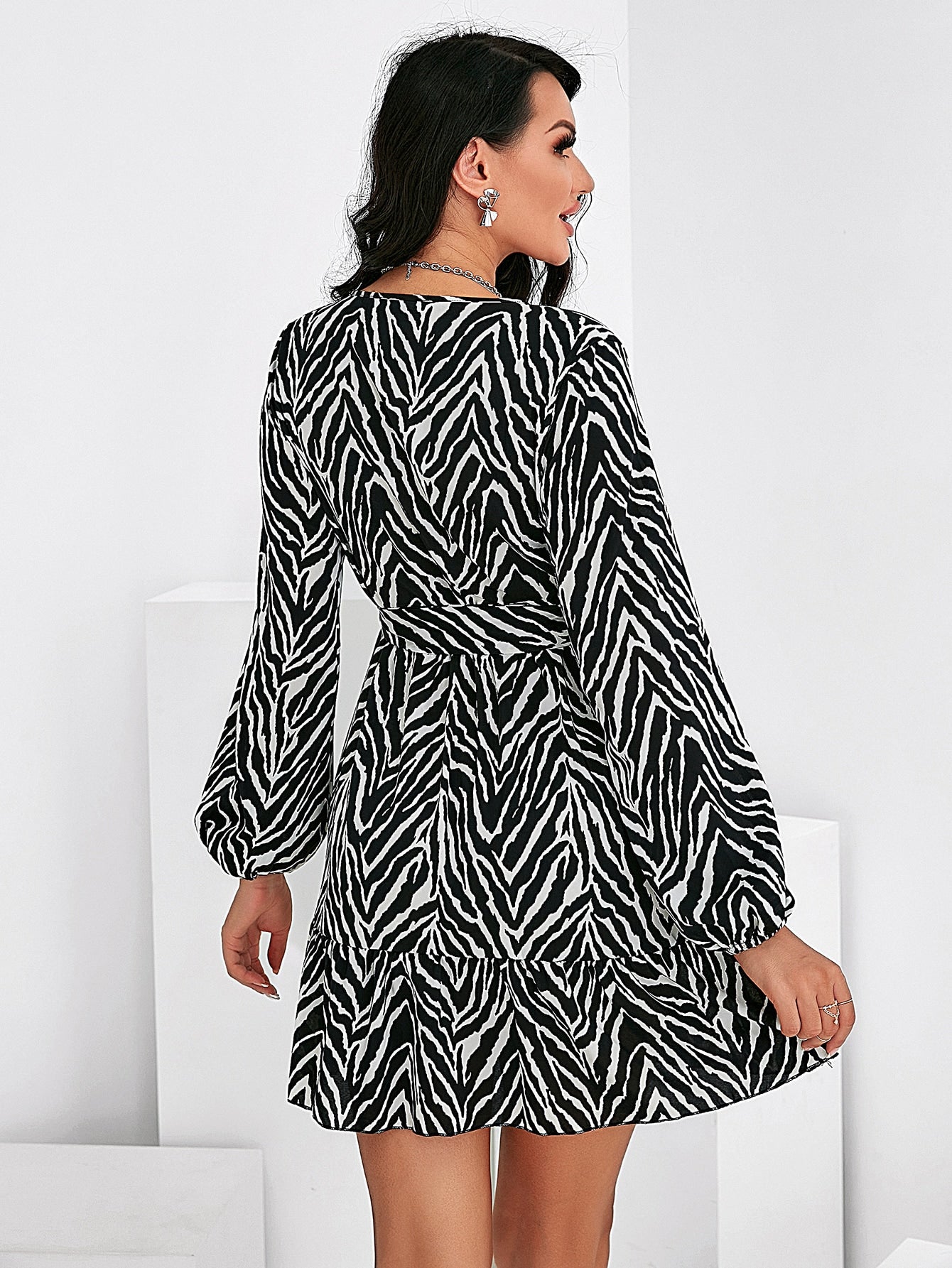 Zebra Striped Ruffle Hem Bishop Sleeve Belted Dress
