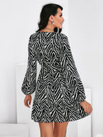 Zebra Striped Ruffle Hem Bishop Sleeve Belted Dress