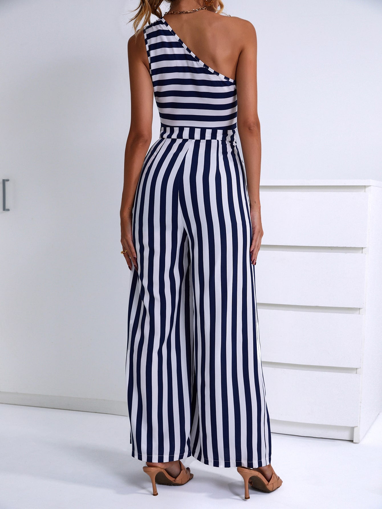 Striped One Shoulder Culotte Jumpsuit