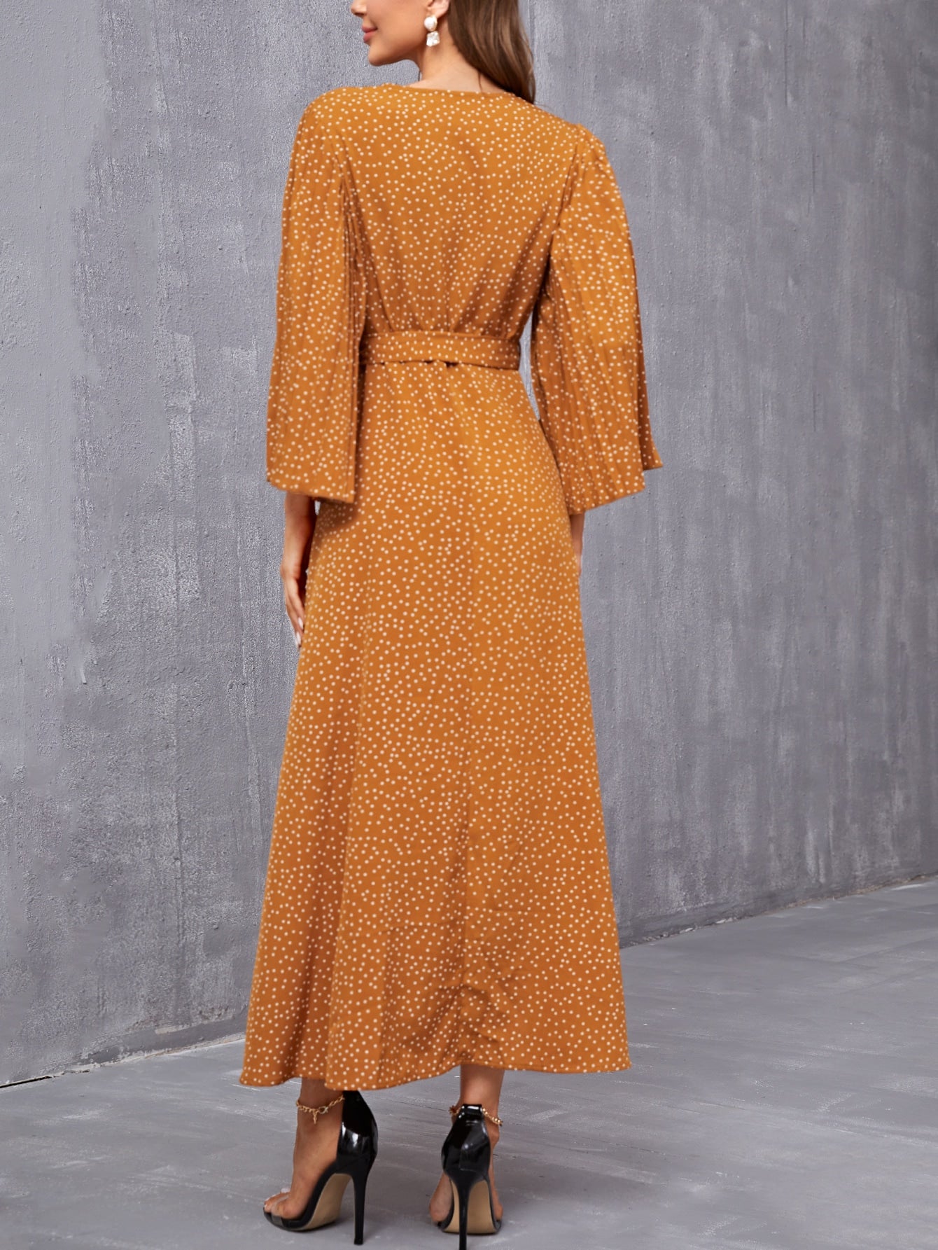 Polka Dot Overlap Collar Pleated Trumpet Sleeve Belted Dress