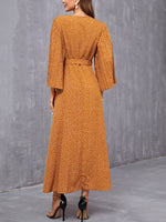 Polka Dot Overlap Collar Pleated Trumpet Sleeve Belted Dress