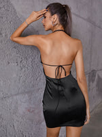 Double Crazy Rhinestone Tie Backless Satin Dress