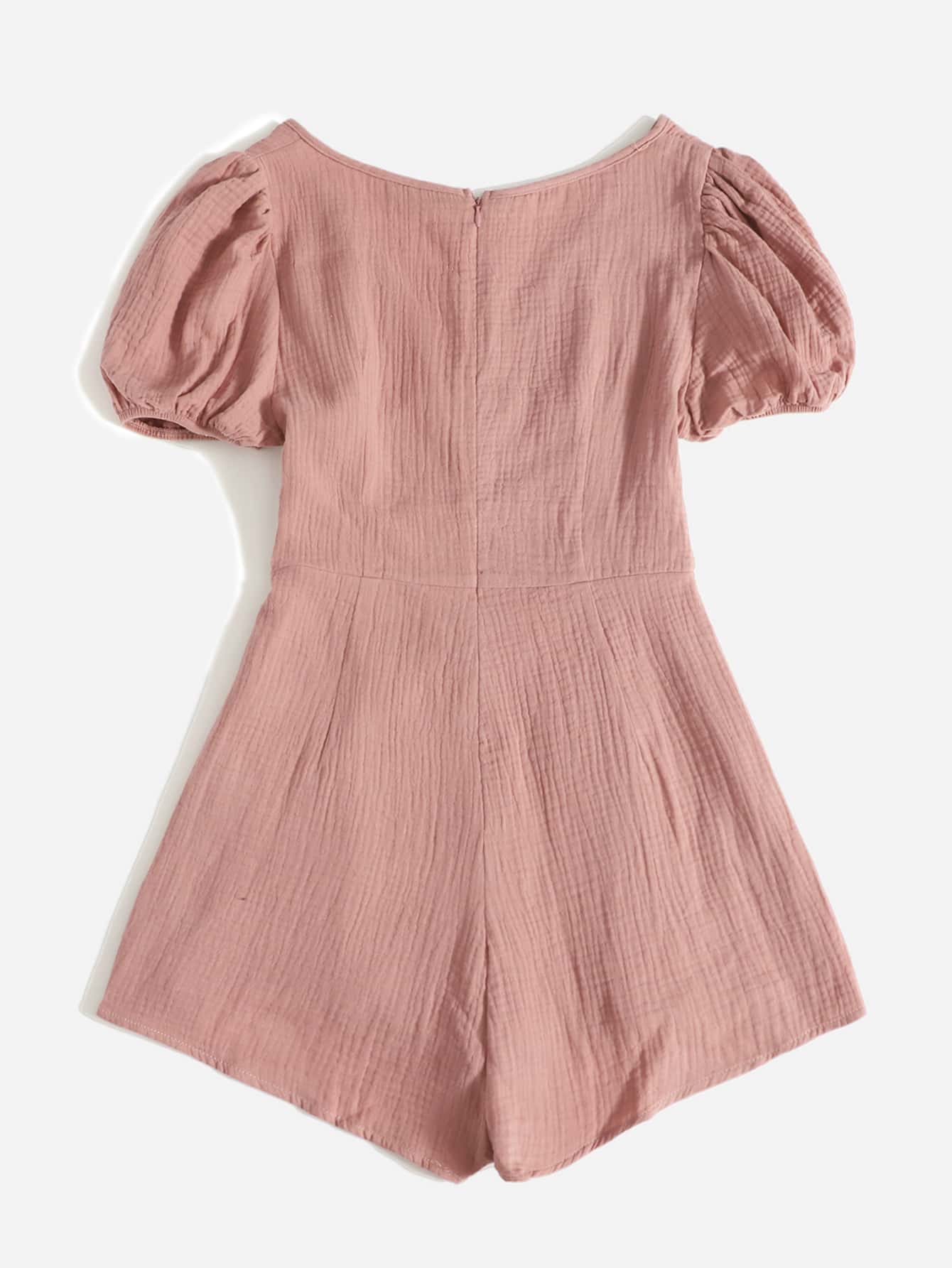 Button Front Puff Sleeve Ruched Jumpsuit