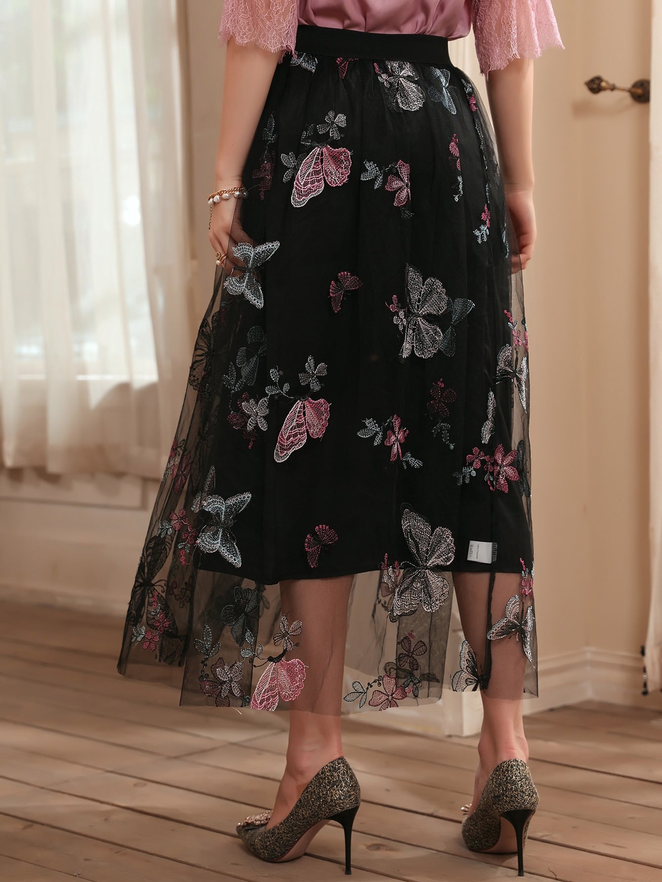 Butterfly Embroidery Mesh Overlay Skirt