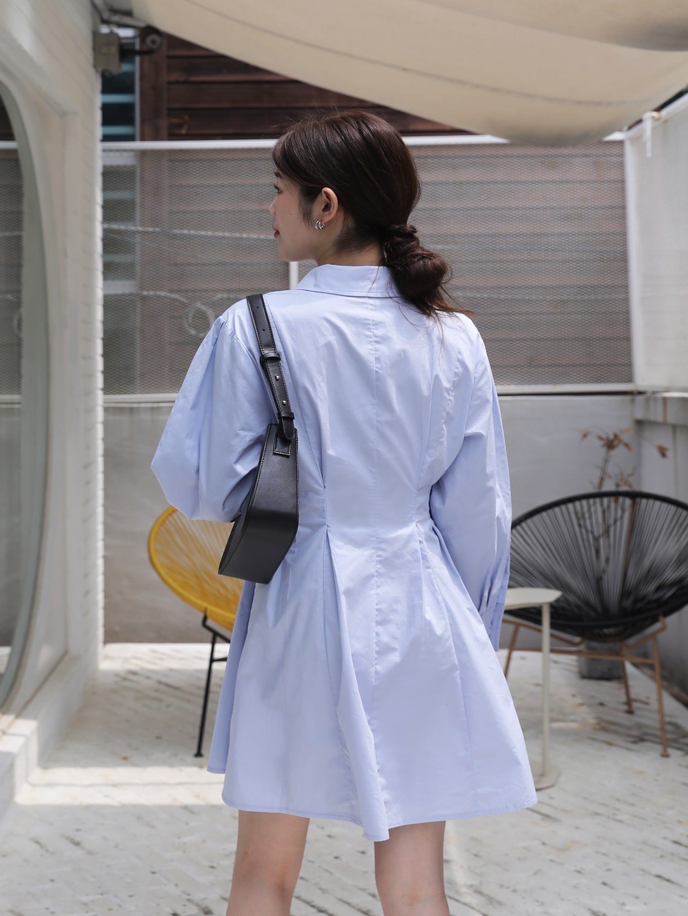Solid Button Front Plicated Shirt Dress