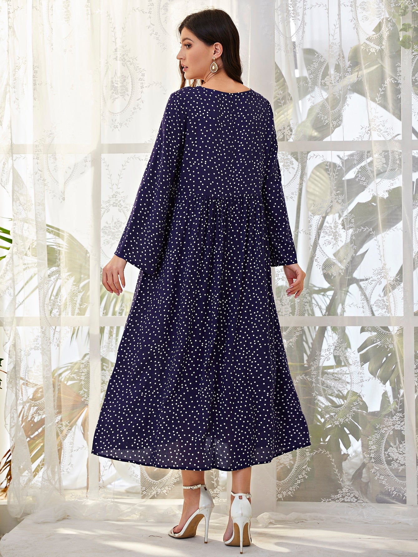 Polka Dot Print Guipure Lace Appliques Dress