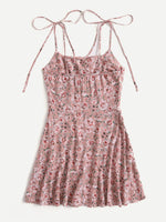 Allover Floral Print Knot Shoulder Ruched Bust Slip Dress