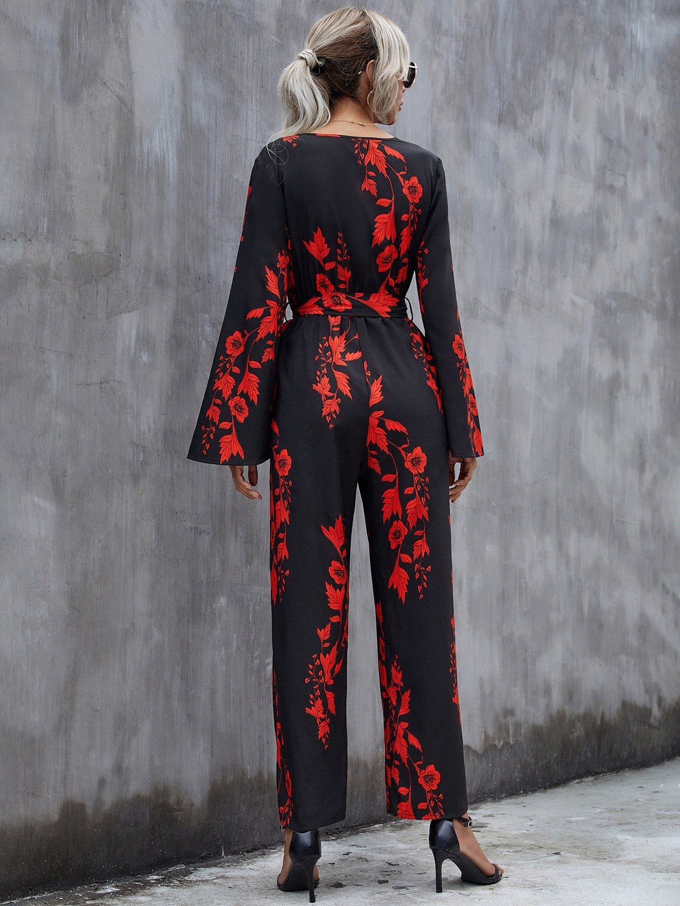 Floral Print Surplice Neck Belted Wide Leg Jumpsuit