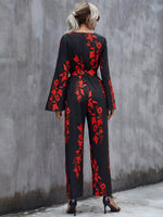Floral Print Surplice Neck Belted Wide Leg Jumpsuit