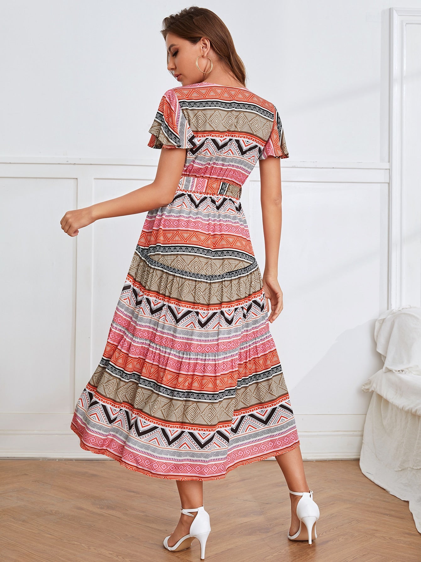 Stripe & Geo Print Butterfly Sleeve A-line Dress
