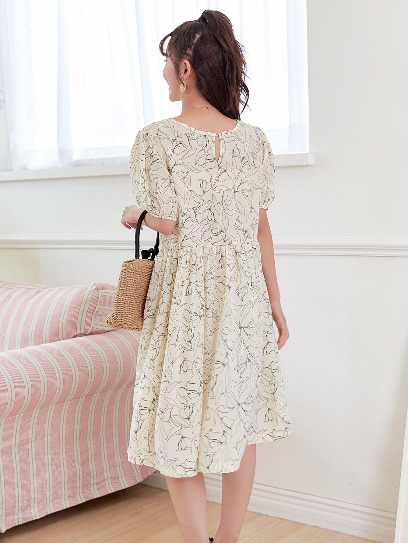 Allover Plants Print Smock Dress