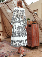 Graphic Print Zip Back Lantern Sleeve Belted Dress