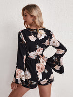 Floral Print Flounce Sleeve Belted Romper