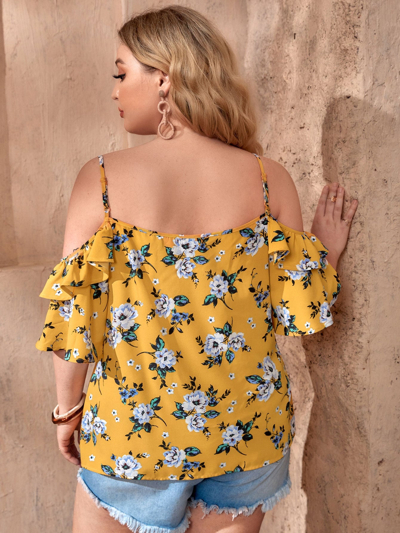 Plus Floral Print Cold Shoulder Ruffle Trim Blouse