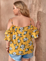 Plus Floral Print Cold Shoulder Ruffle Trim Blouse