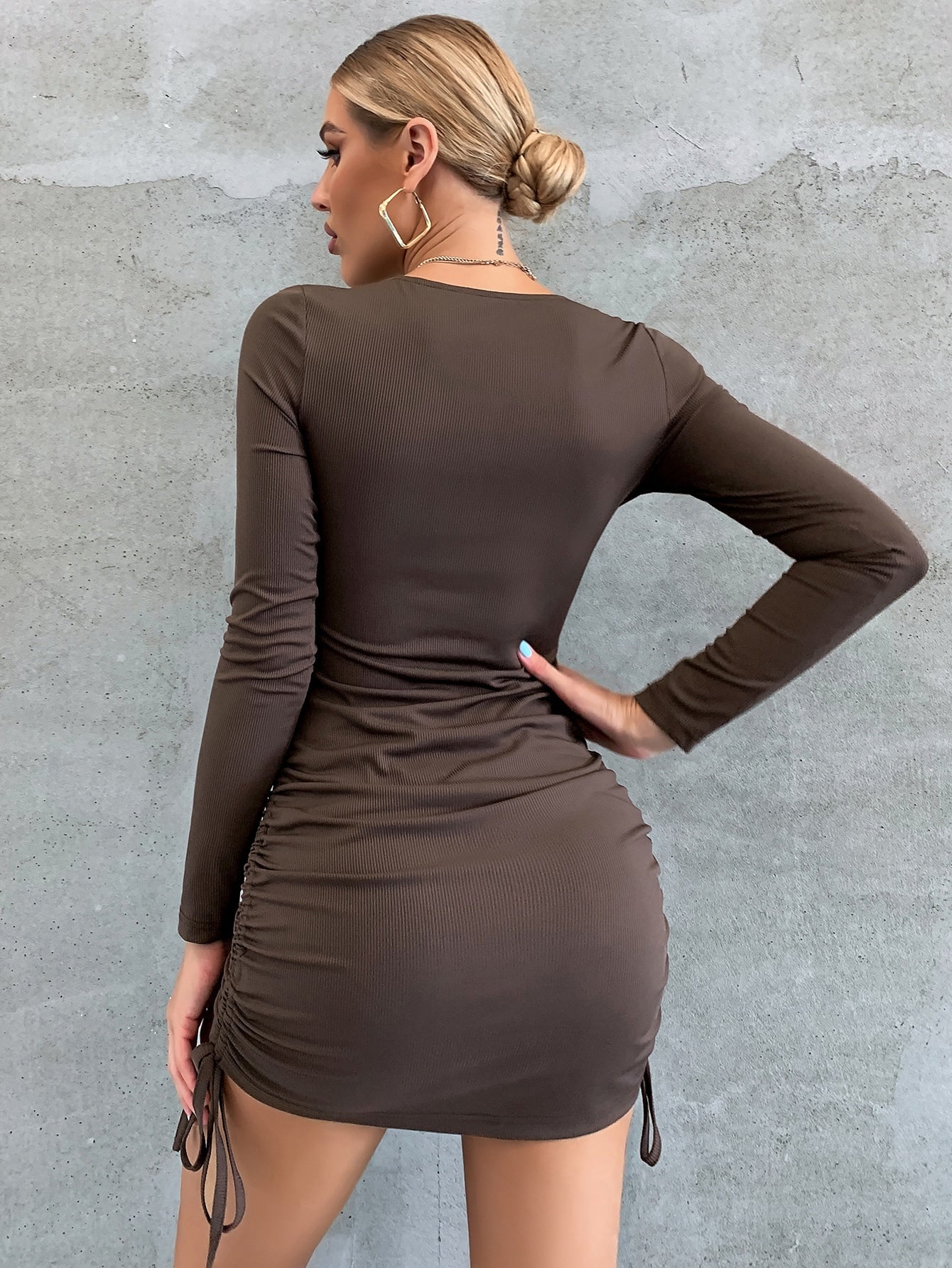 Scoop Neck Drawstring Bodycon Dress