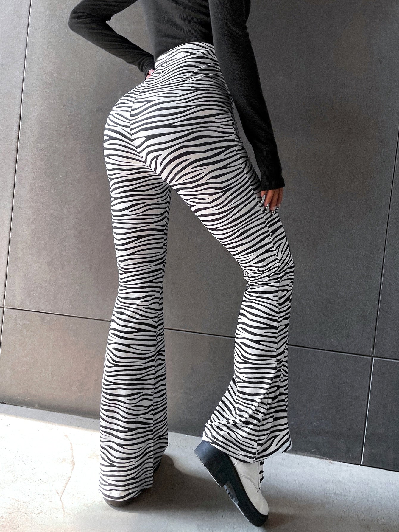 High Waist Zebra Striped Flare Leg Pants