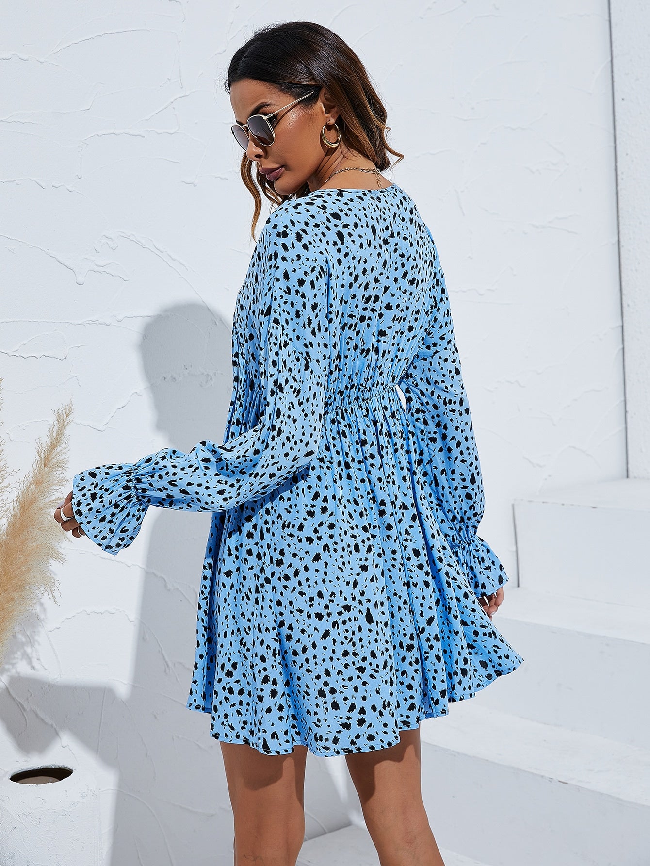 Allover Print Flounce Sleeve Dress