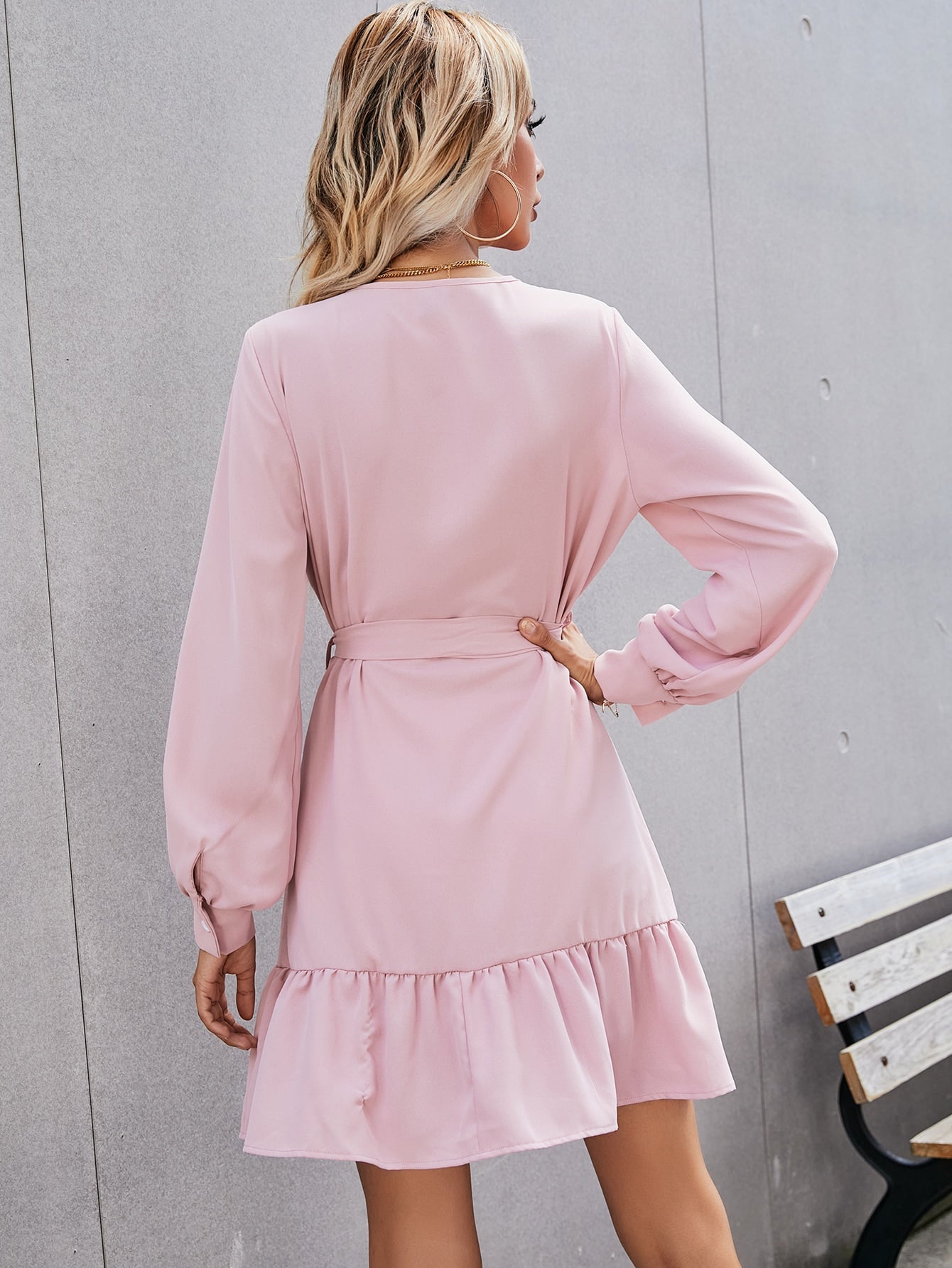 Button Front Belted Ruffle Hem Dress
