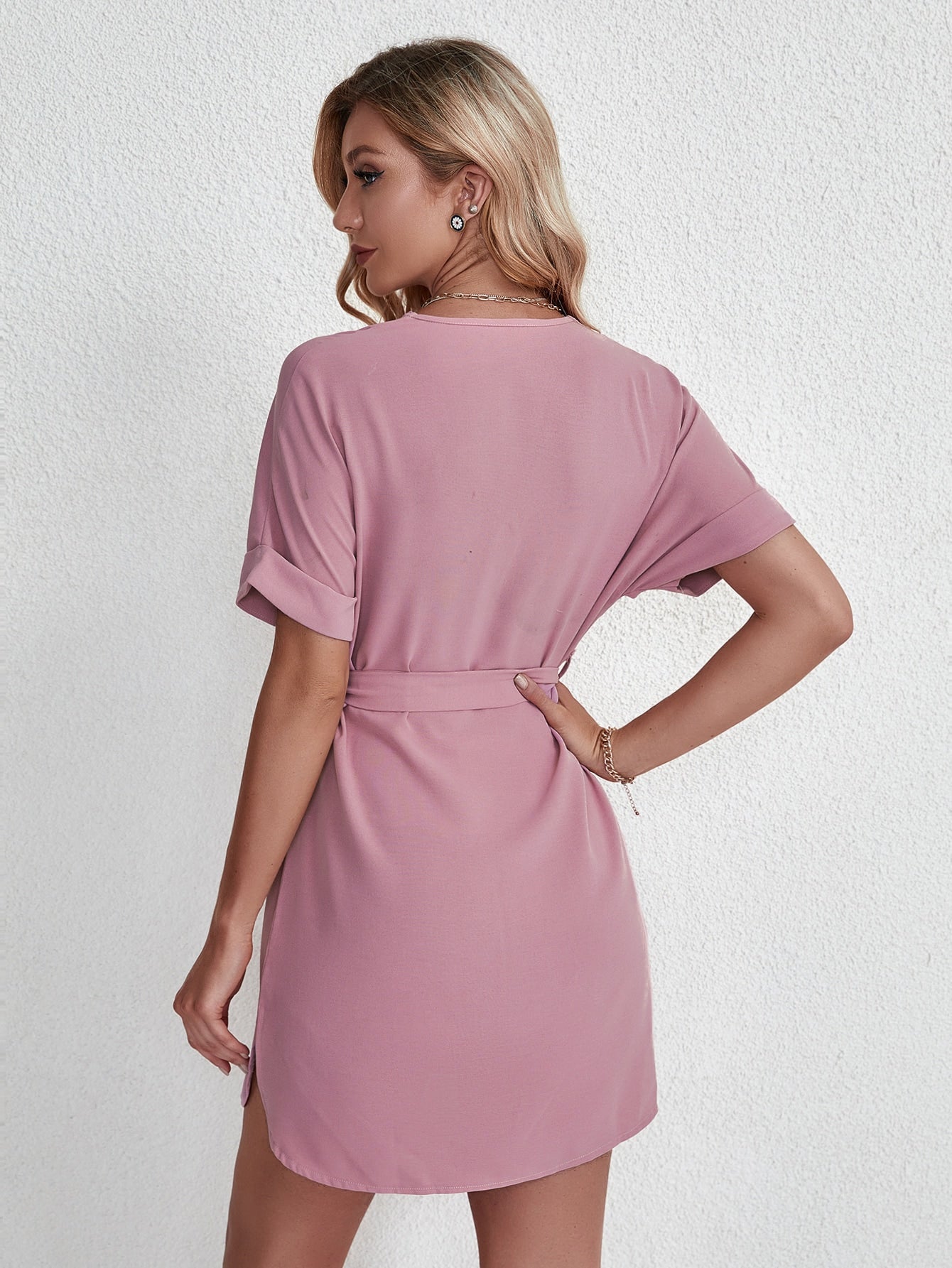 Solid Roll Sleeve Belted Dress