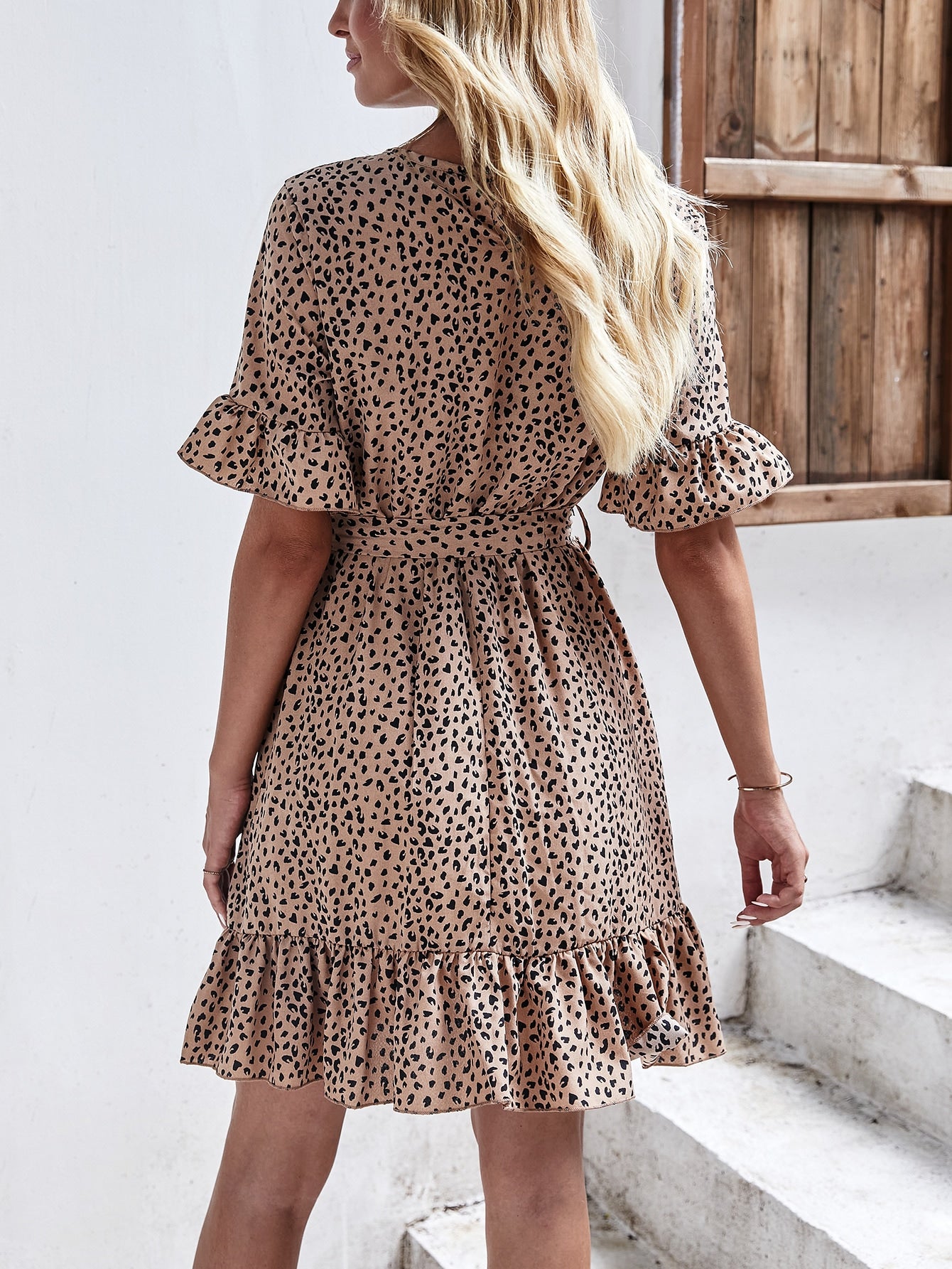 Allover Print Butterfly Sleeve Ruffle Hem Belted Dress