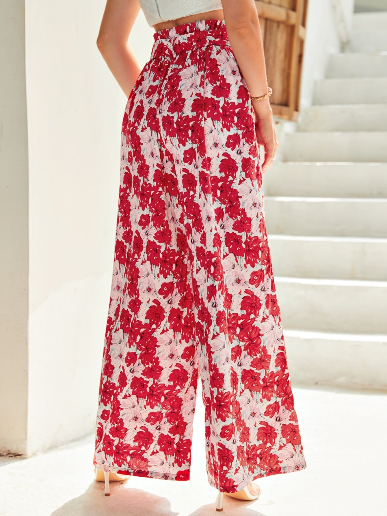 Allover Floral Print Paperbag Waist Belted Wide Leg Pants