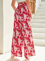 Allover Floral Print Paperbag Waist Belted Wide Leg Pants