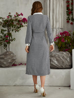 Houndstooth Pattern Contrast Collar Wool-Mix Dress