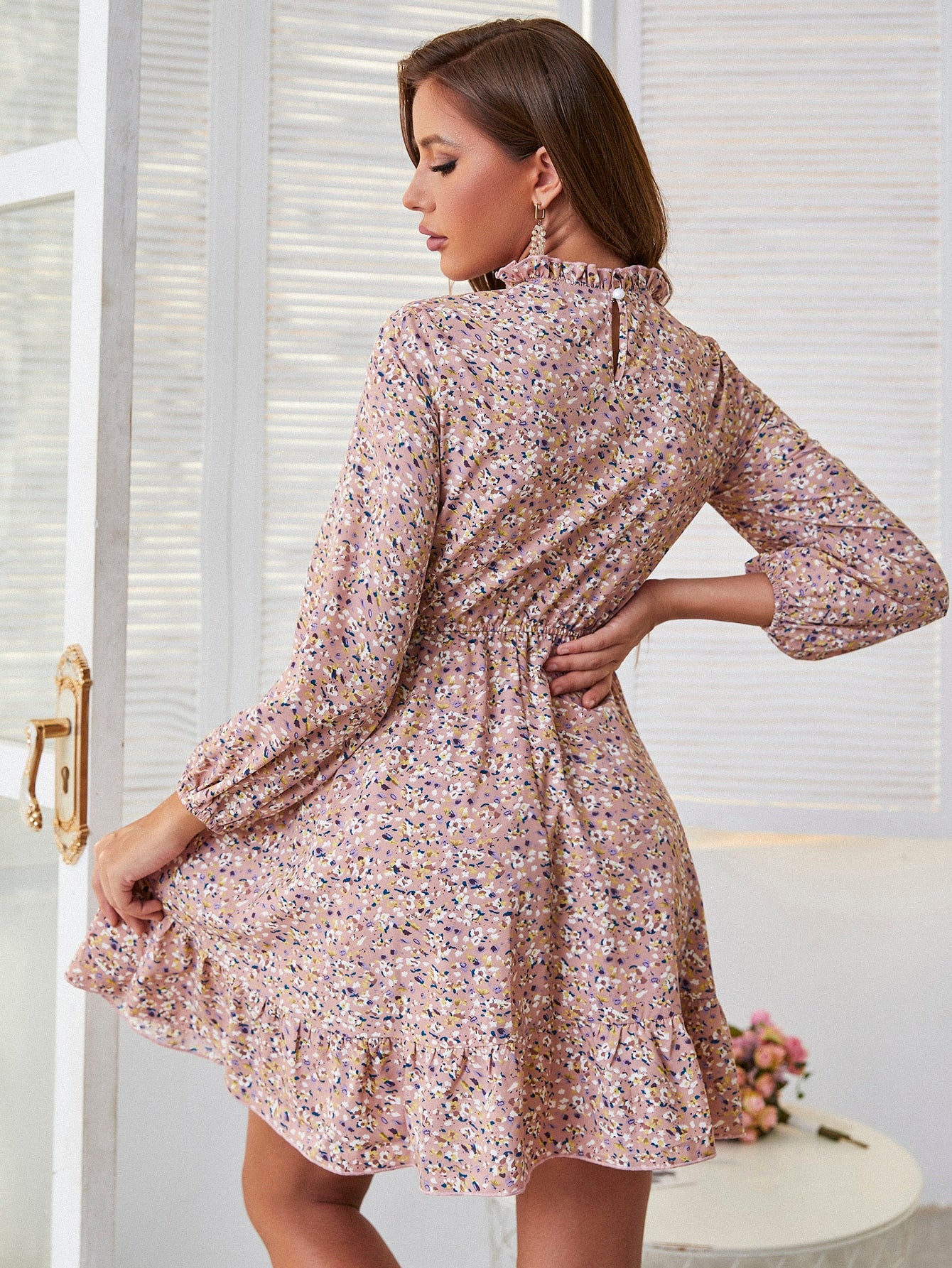 Ditsy Floral Print Ruffle Neck A-line Dress