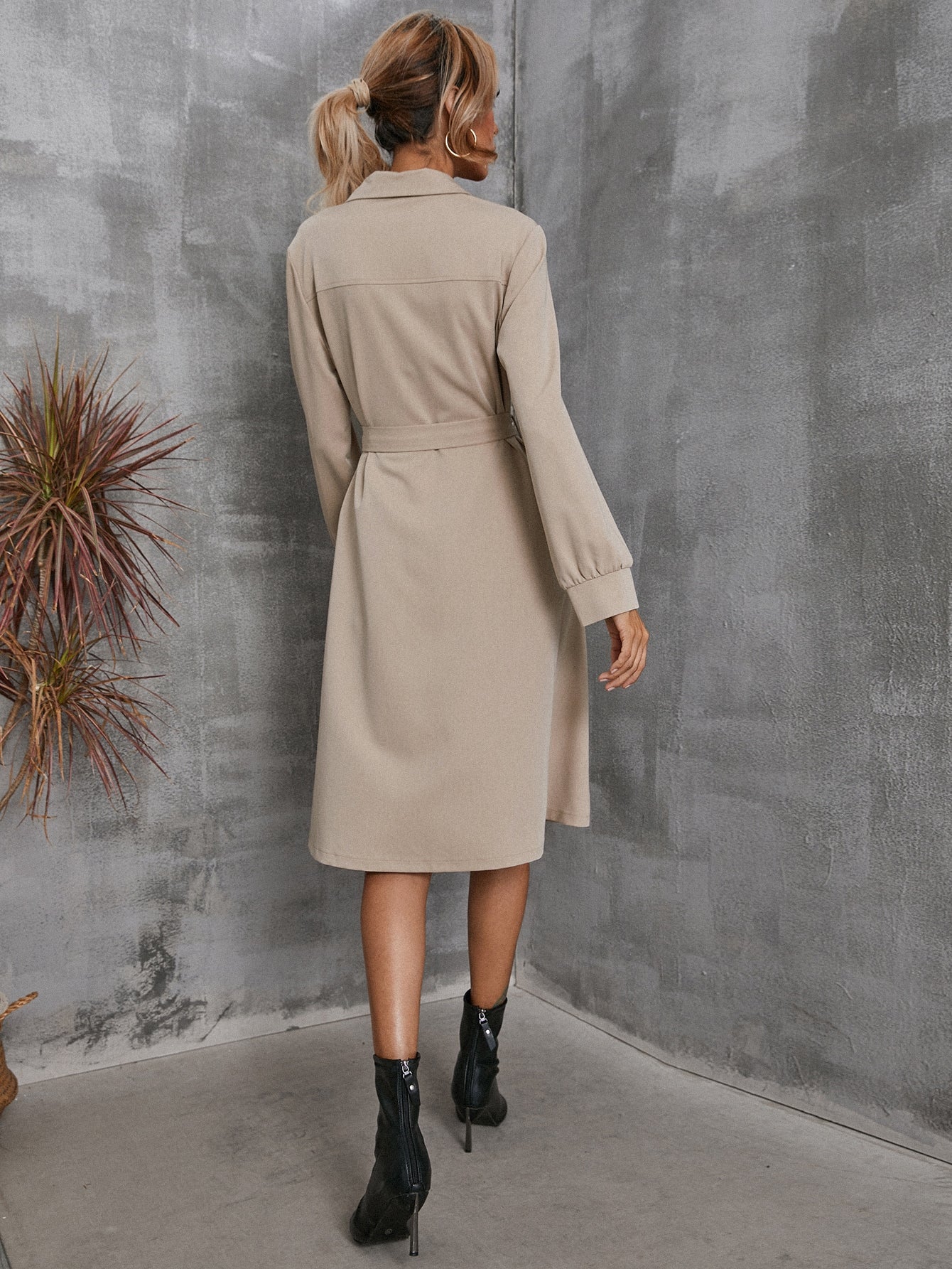 Half Button Flap Detail Belted Shirt Dress