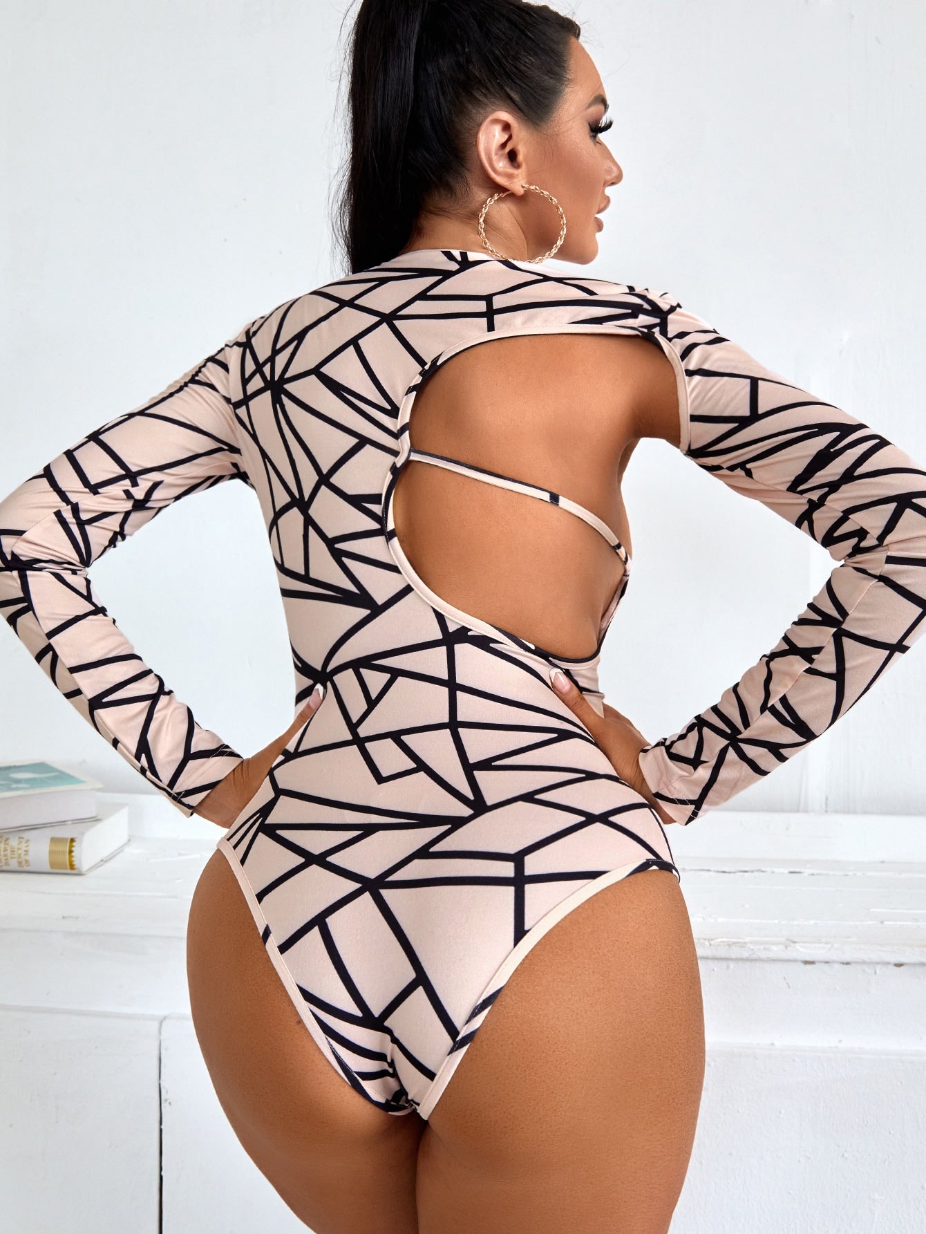 Allover Print Cut Out Asymmetrical Neck Bodysuit
