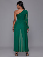 One Shoulder Ruched Sleeve Wrap Skirt Jumpsuit