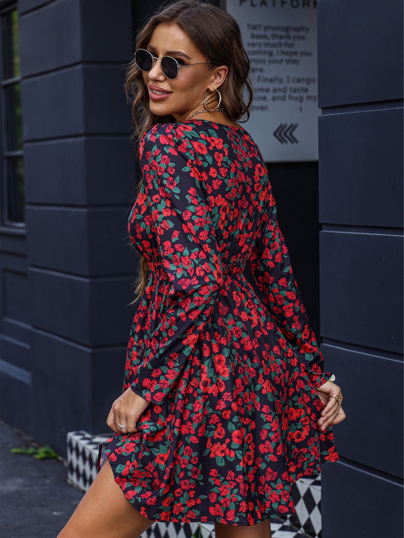 Floral Print Surplice Neck Elastic Waist Dress