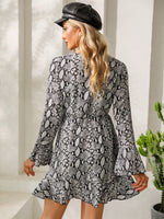Snakeskin Print Flounce Sleeve Ruffle Trim Wrap Hem Dress