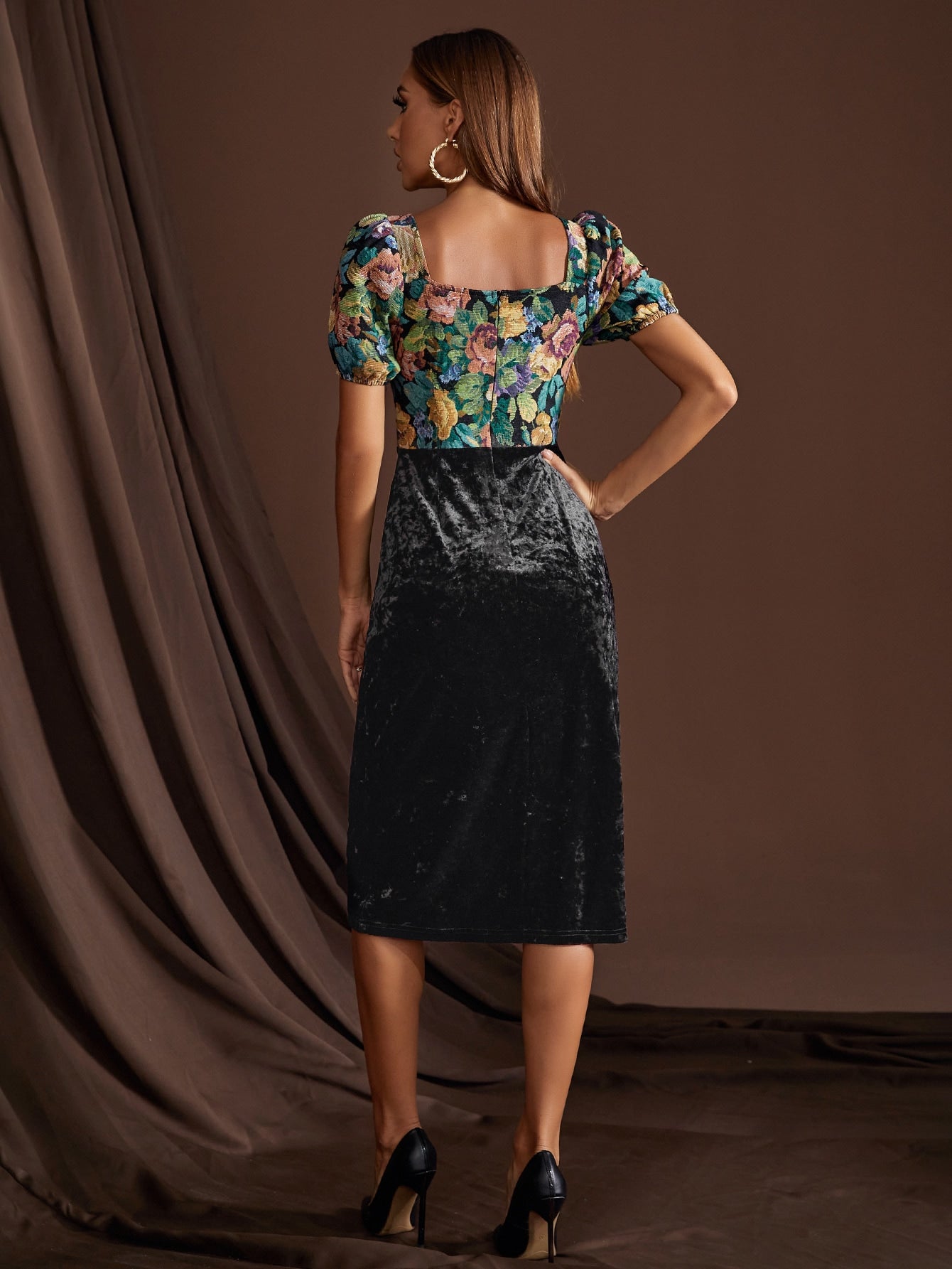 Jacquard Sweetheart Neck Puff Sleeve Dress