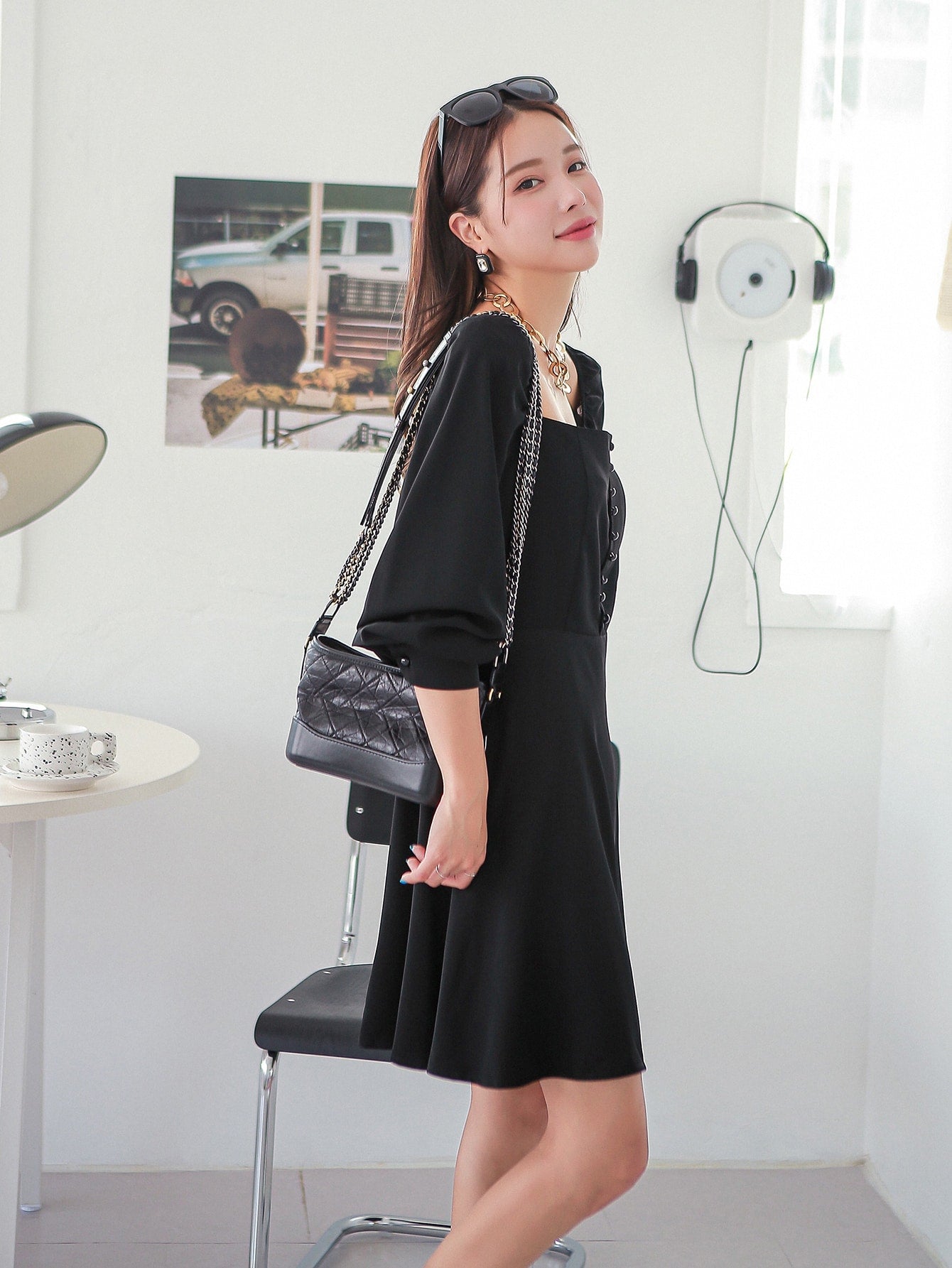 Square Neck Bishop Sleeve A-line Dress