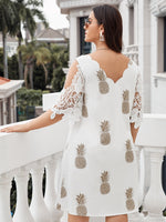 Plus Pineapple Print Contrast Guipure Lace Cold Shoulder Scallop Trim Dress