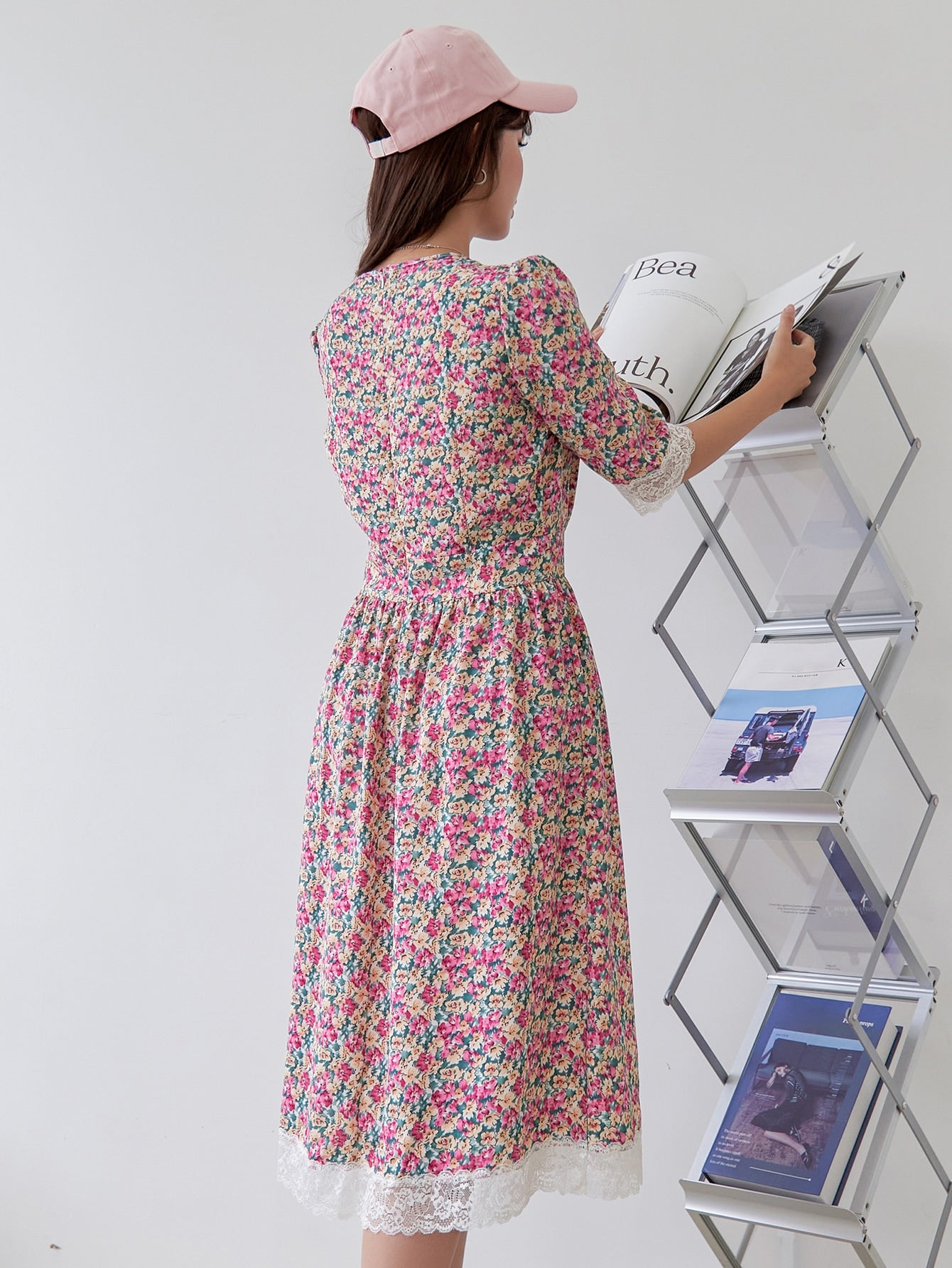 Allover Floral Print Lace Trim Puff Sleeve Dress
