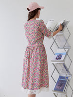 Allover Floral Print Lace Trim Puff Sleeve Dress