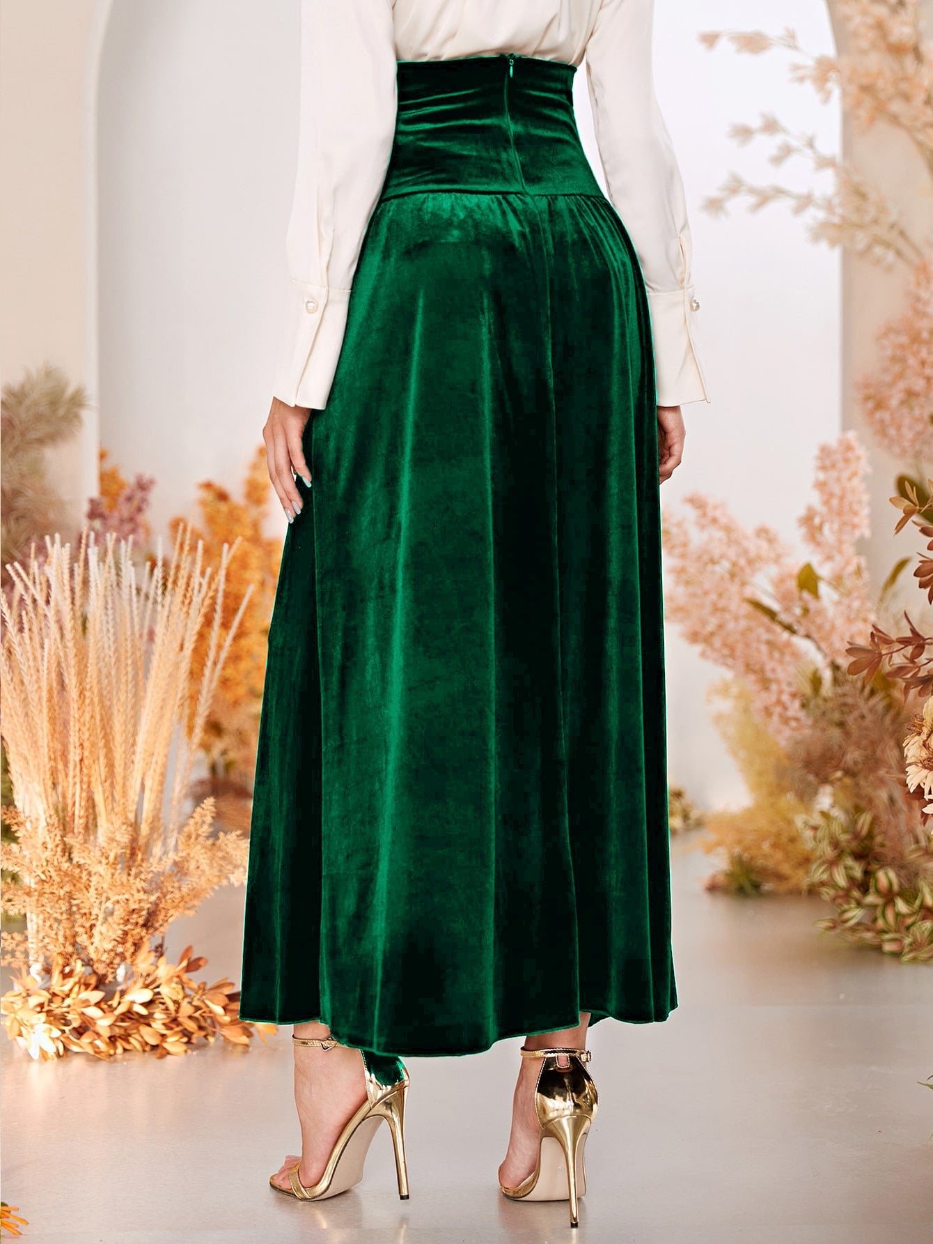 Velvet Pearls Button Wideband Waist Skirt