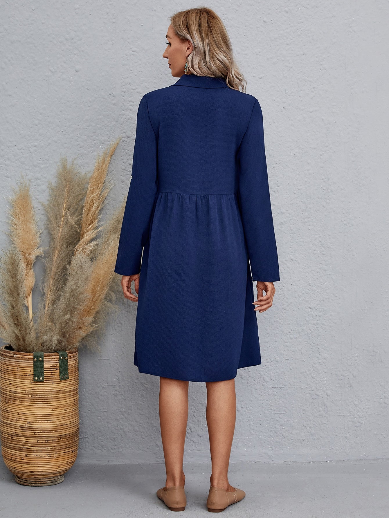 Half Button Roll Tab Sleeve Dress