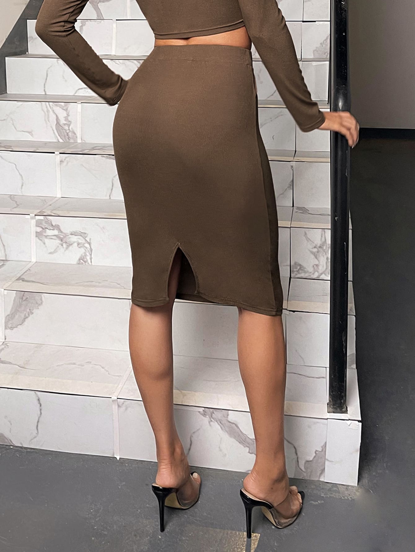 Ribbed Knit Split Back Skirt
