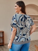 Plus Paisley& Striped Panel Print Knot Side V-Neck Blouse