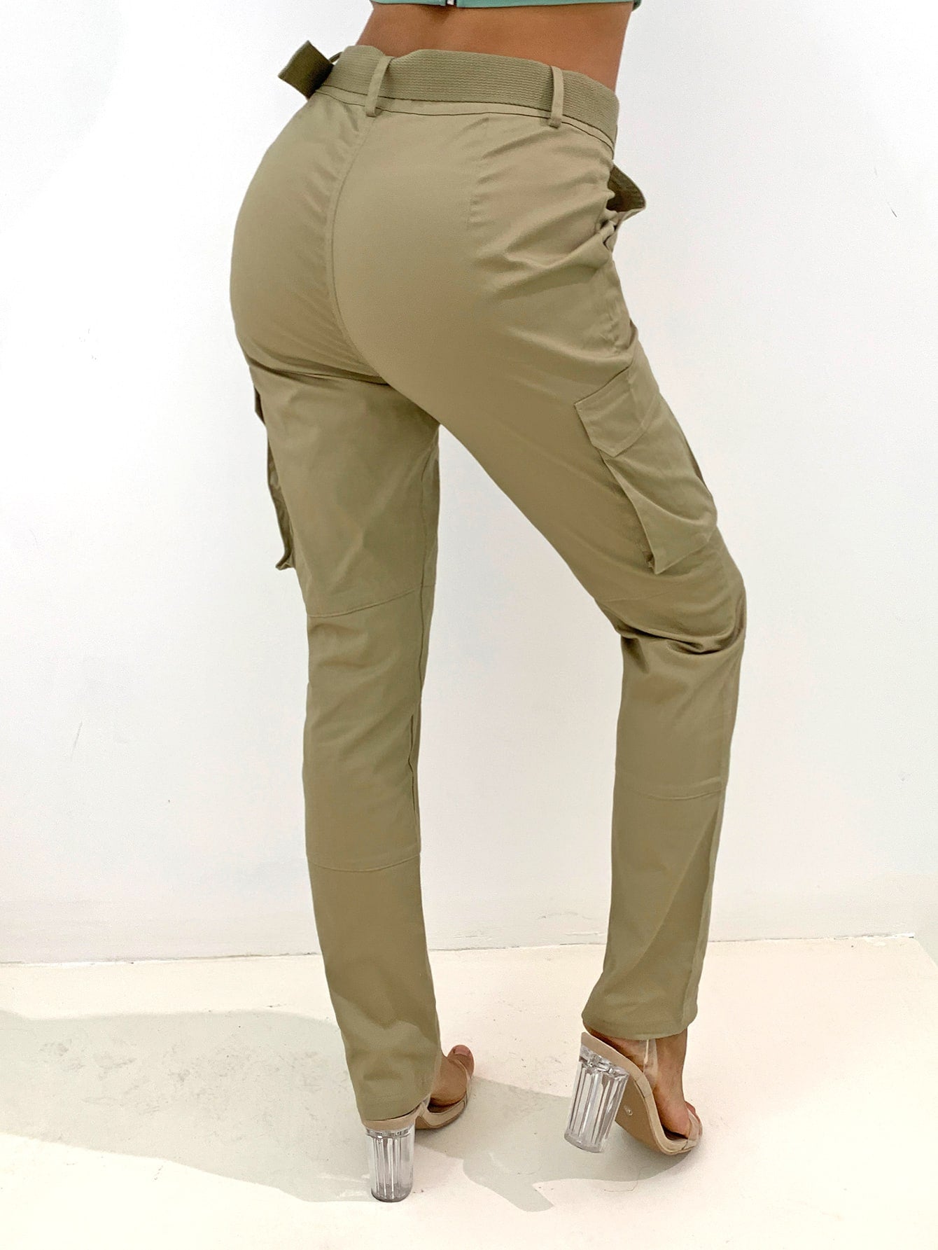 Joyfunear Flap Pocket Side Belted Skinny Pants