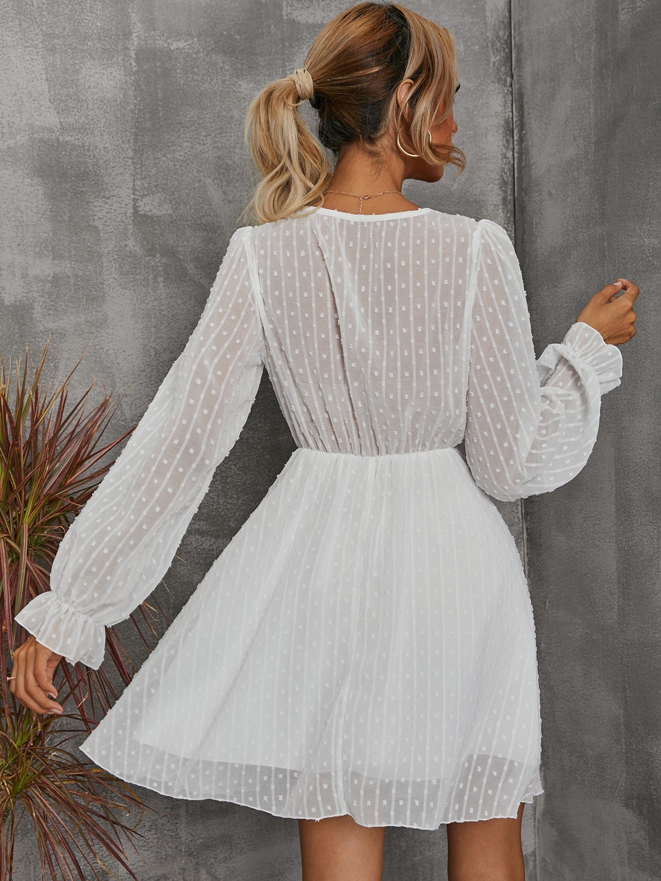 Swiss Dot Guipure Lace Trim Flounce Sleeve Chiffon Dress